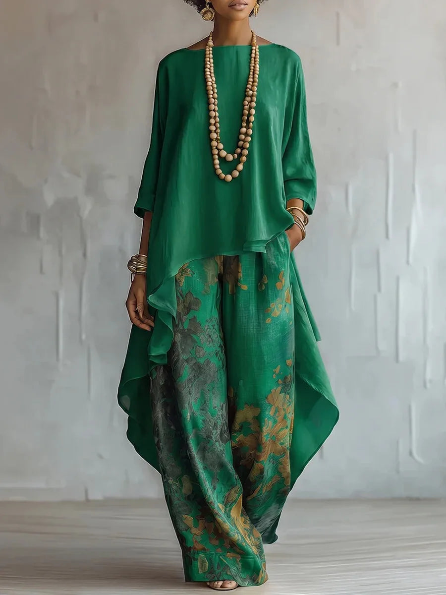 Women's Printed Asymmetric Top and Wide-Leg Trousers Set - original product view 4