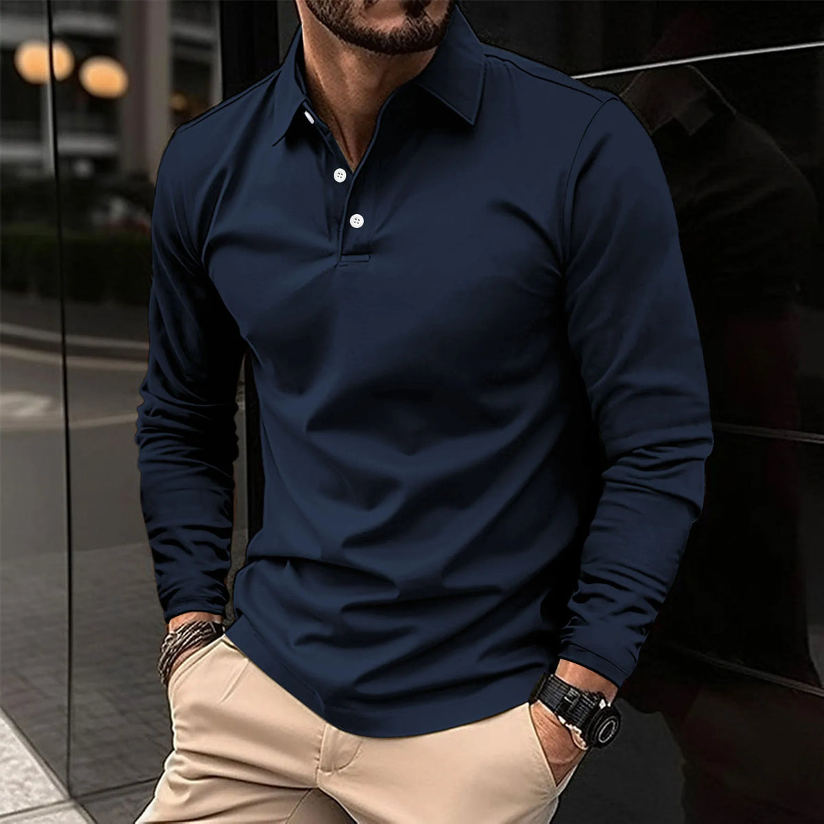 Polo da uomo a maniche lunghe e vestibilità slim, tessuto traspirante, modello versatile per tutte le stagioni