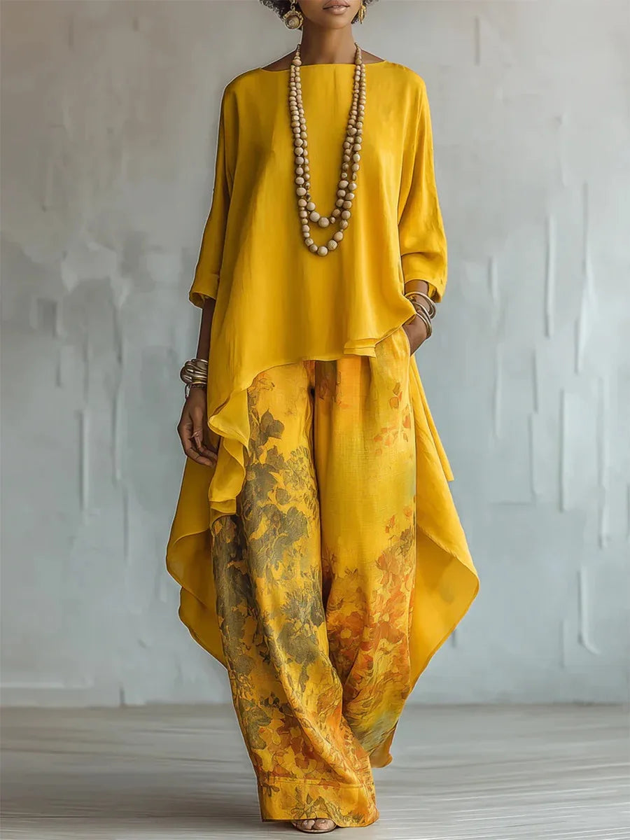 Women's Printed Asymmetric Top and Wide-Leg Trousers Set - original product view 1