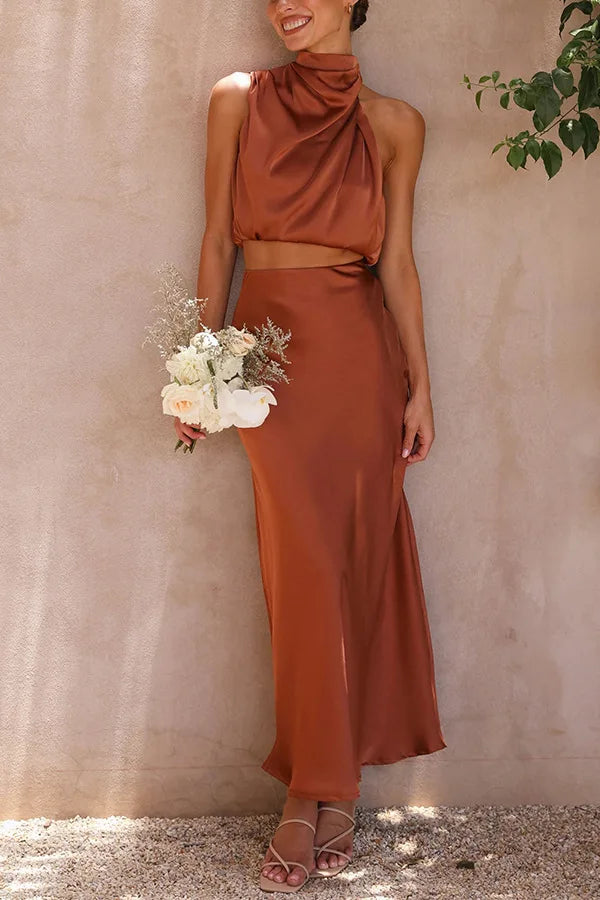 Women's Draped High-Neck Top and Flowing Maxi Skirt Set – original product view 1