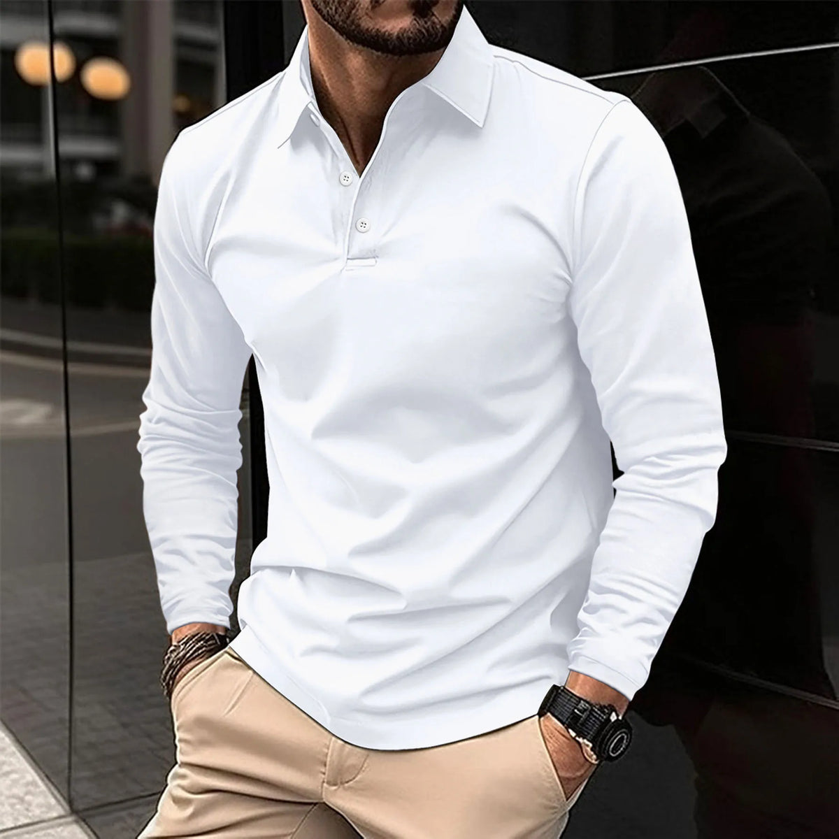 Polo da uomo a maniche lunghe e vestibilità slim, tessuto traspirante, modello versatile per tutte le stagioni