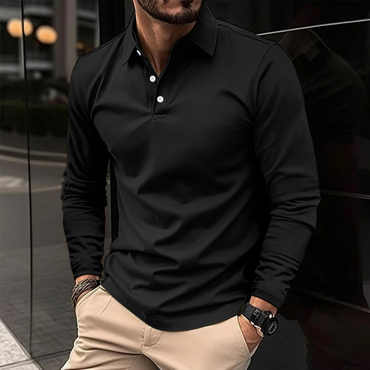 Polo da uomo a maniche lunghe e vestibilità slim, tessuto traspirante, modello versatile per tutte le stagioni