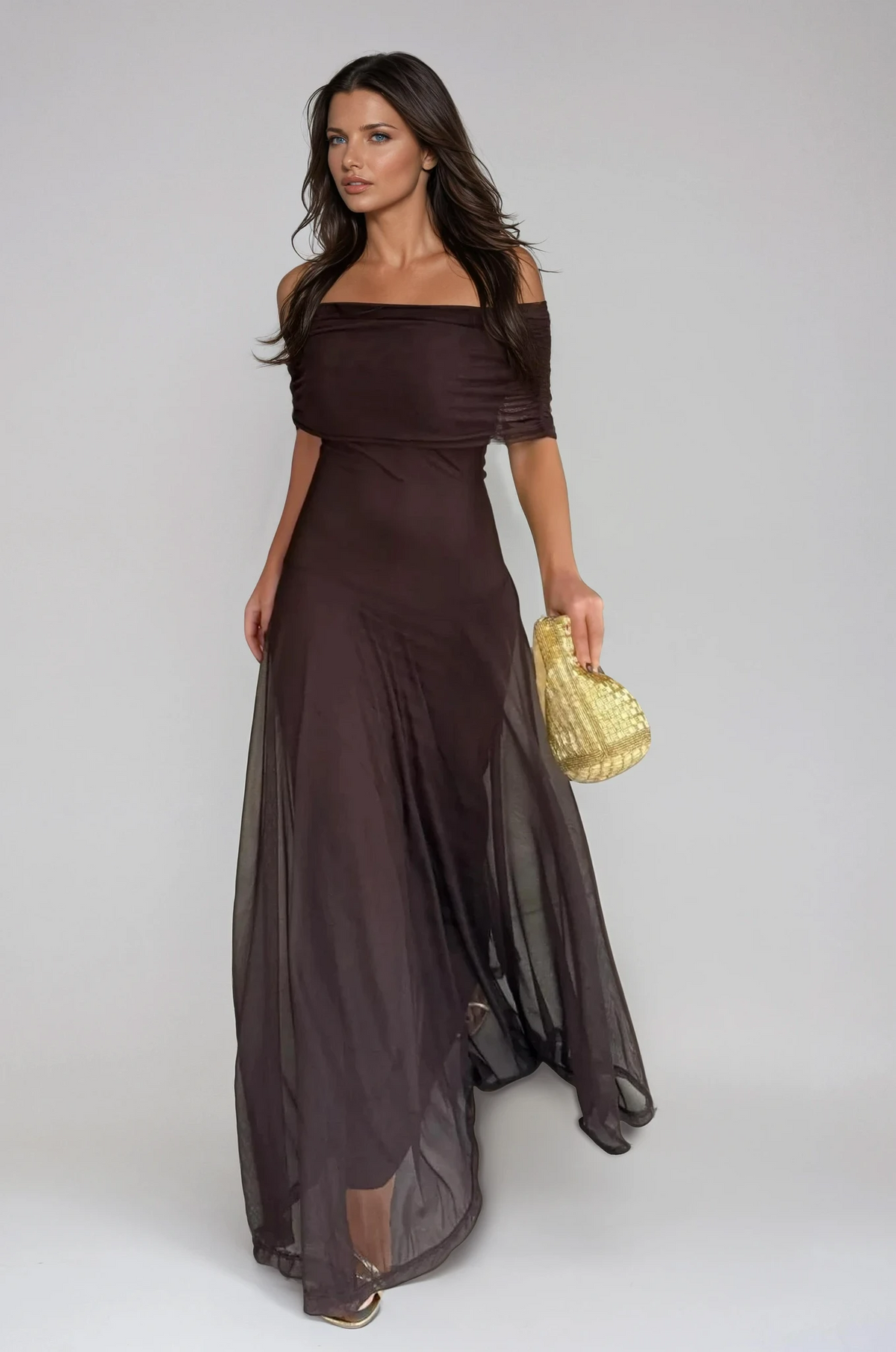 Women's Long Ceremony Dress with Sheer Mesh Overlay – source product image 1