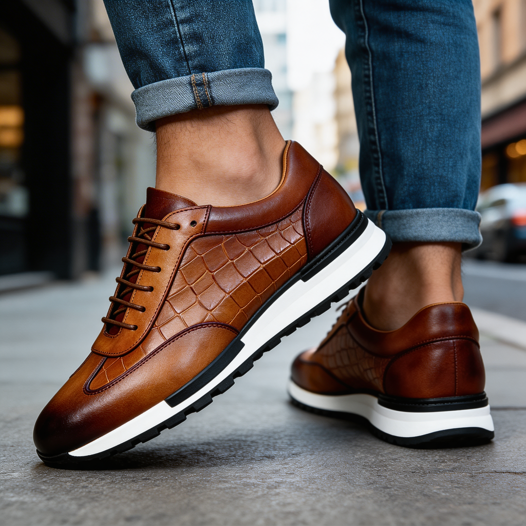 Riccardo | Sneakers da uomo in pelle con dettagli brogue, texture, stile elegante-casual e lacci