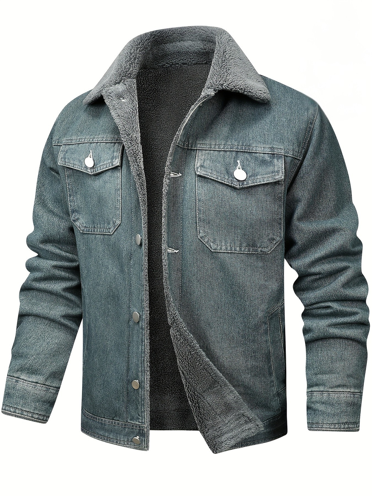 Samuele | Giacca di jeans da uomo con fodera in sherpa, lavaggio effetto vissuto, collo a punta, calda per l'inverno