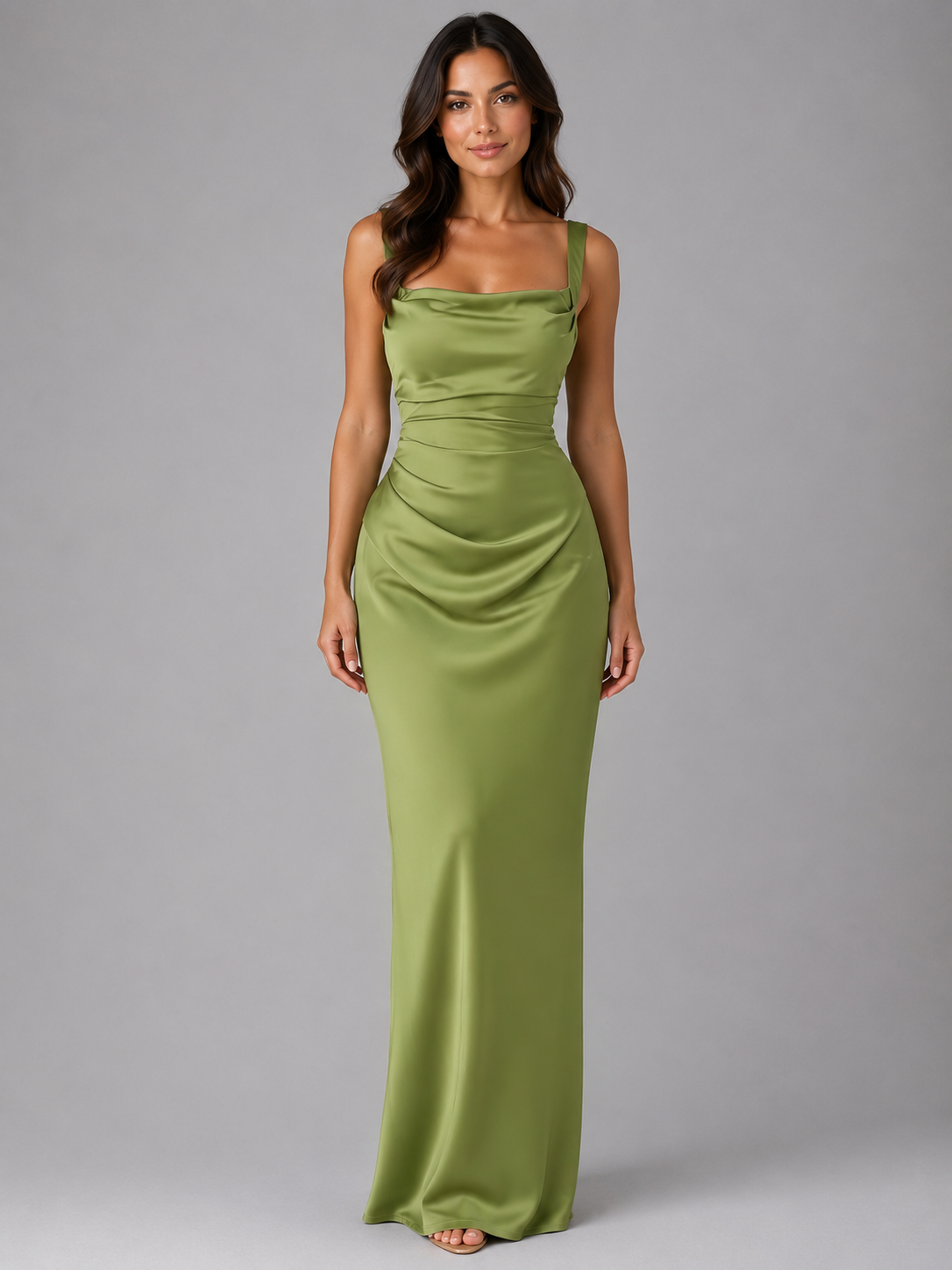 Sofia | Women's Satin-Look Square-Neck Ruched-Waist Maxi Dress, original retailer photo 1