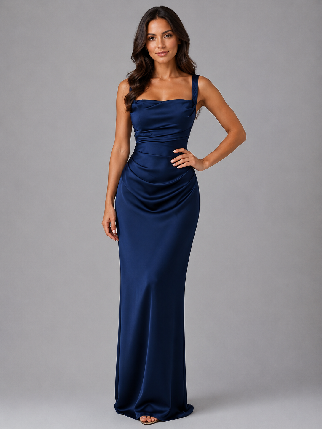 Sofia | Women's Satin-Look Square-Neck Ruched-Waist Maxi Dress, original retailer photo 4