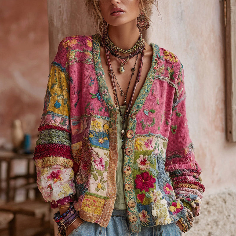 Margherita | Women's Bohemian Floral V-Neck Knit Cardigan, original source view 1