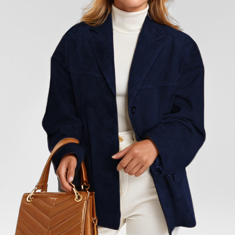 Valeria | Women's Fitted Button-Front Leather-Look Blazer – Navy