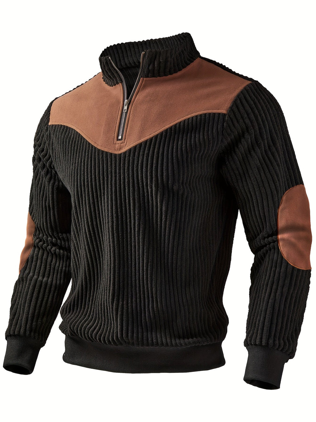 Massimo | Maglione da uomo a coste con mezza zip, collo alla coreana e toppe sulle spalle a contrasto