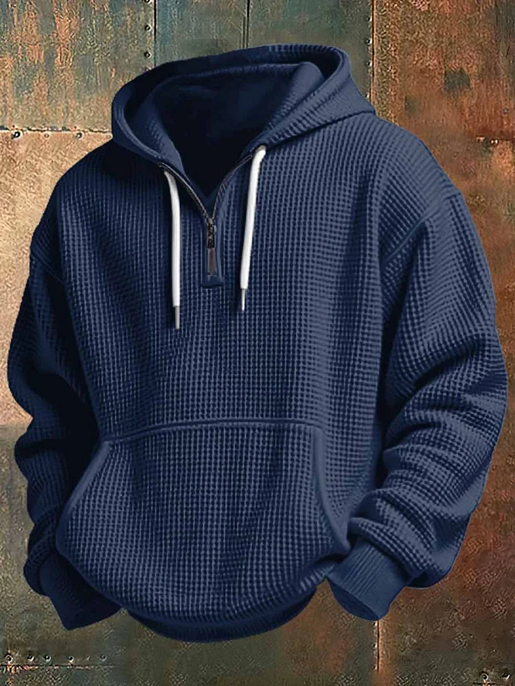 Cristian | Felpa con cappuccio da uomo in maglia waffle, mezza zip, tasca a marsupio e cappuccio con coulisse