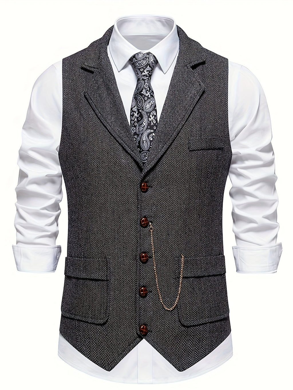 Giorgio | Gilet da uomo con rever dentellato, dettaglio a catena, chiusura frontale con bottoni e texture