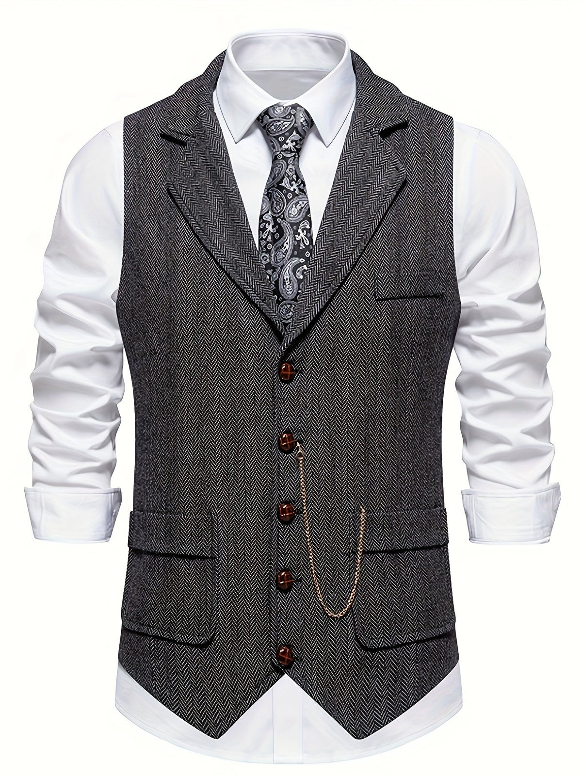 Giorgio | Gilet da uomo con rever dentellato, dettaglio a catena, chiusura frontale con bottoni e texture