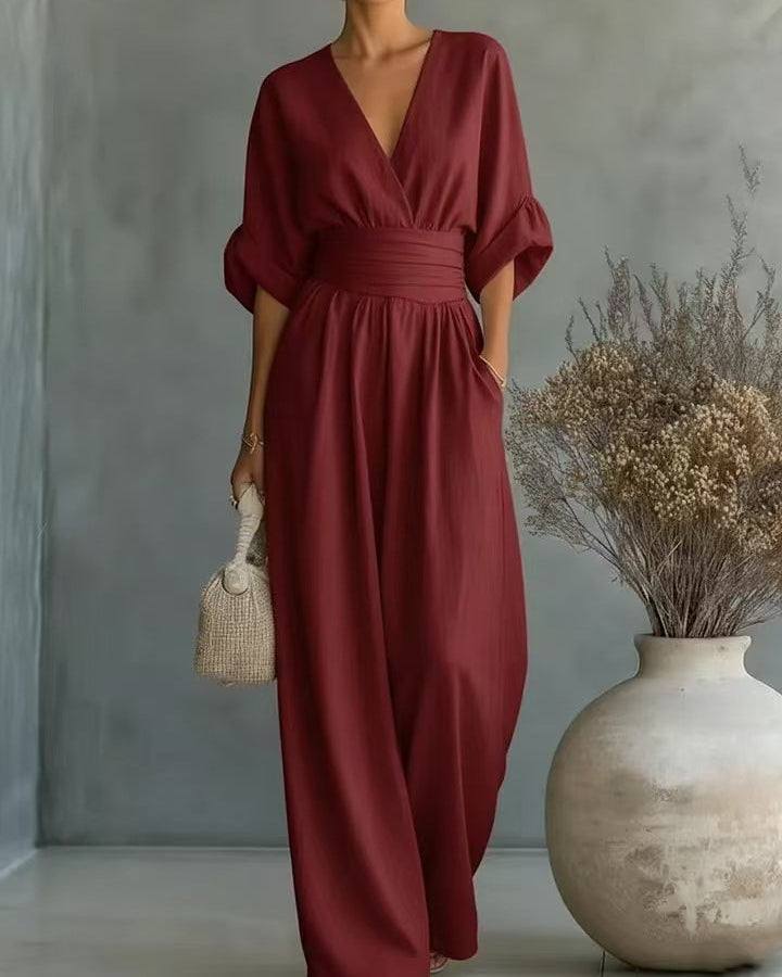 Carina | Women's V-Neck High-Waisted Slim-Fit Jumpsuit – Dark Red