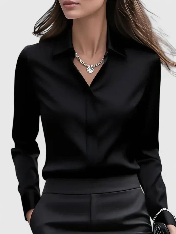 Carolina | Women's Long-Sleeve Shirt with Hidden Buttons and Curved Hem – Black
