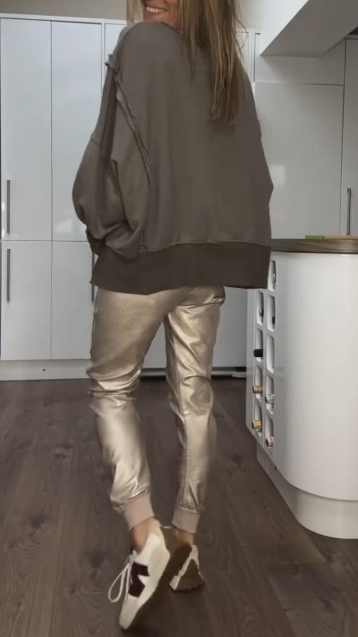 Ottavia | Women's Round-Neck Top and Faux-Leather-Look Jogger Trousers Set - original view 3
