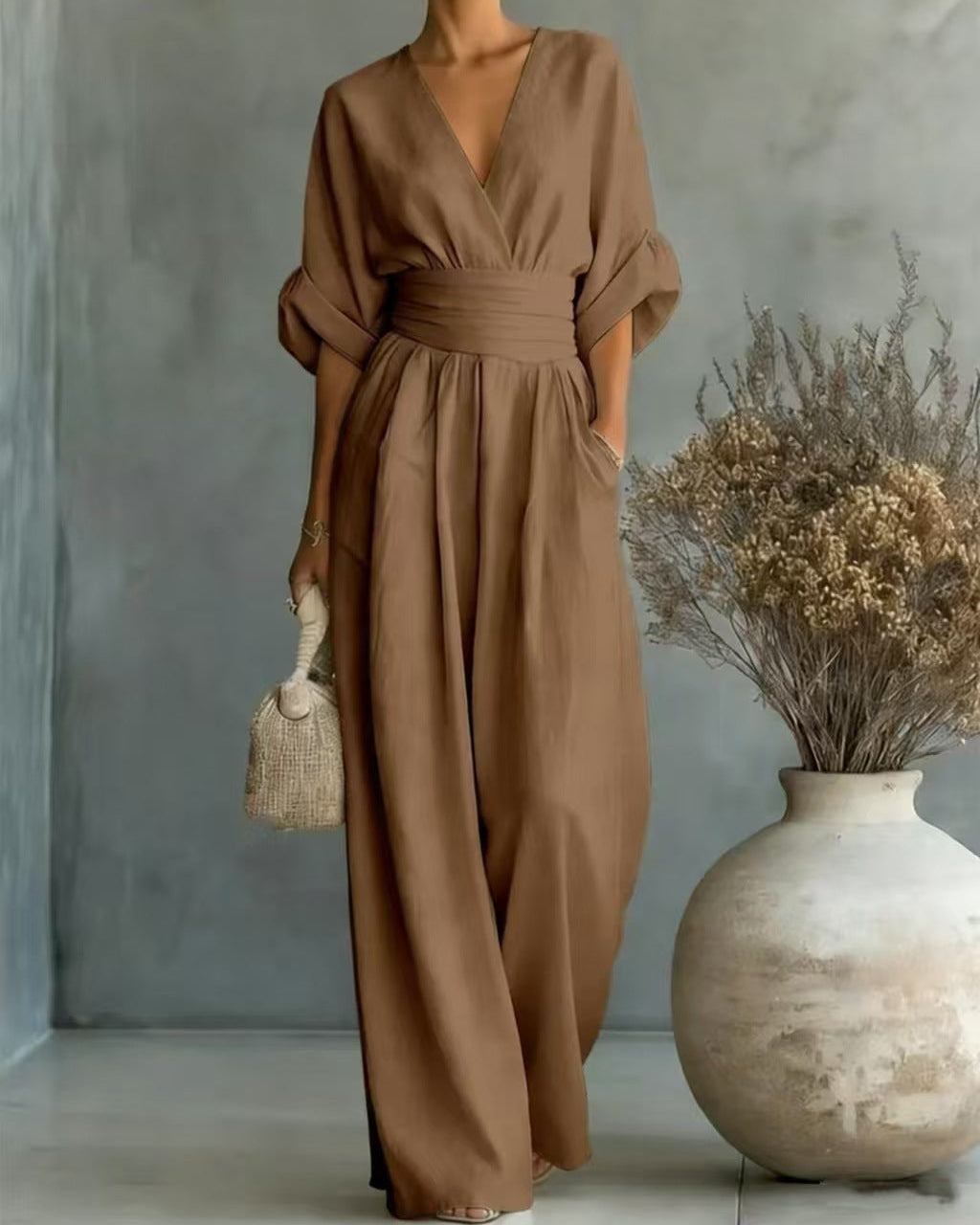 Carina | Women's V-Neck High-Waisted Slim-Fit Jumpsuit – Dark Brown