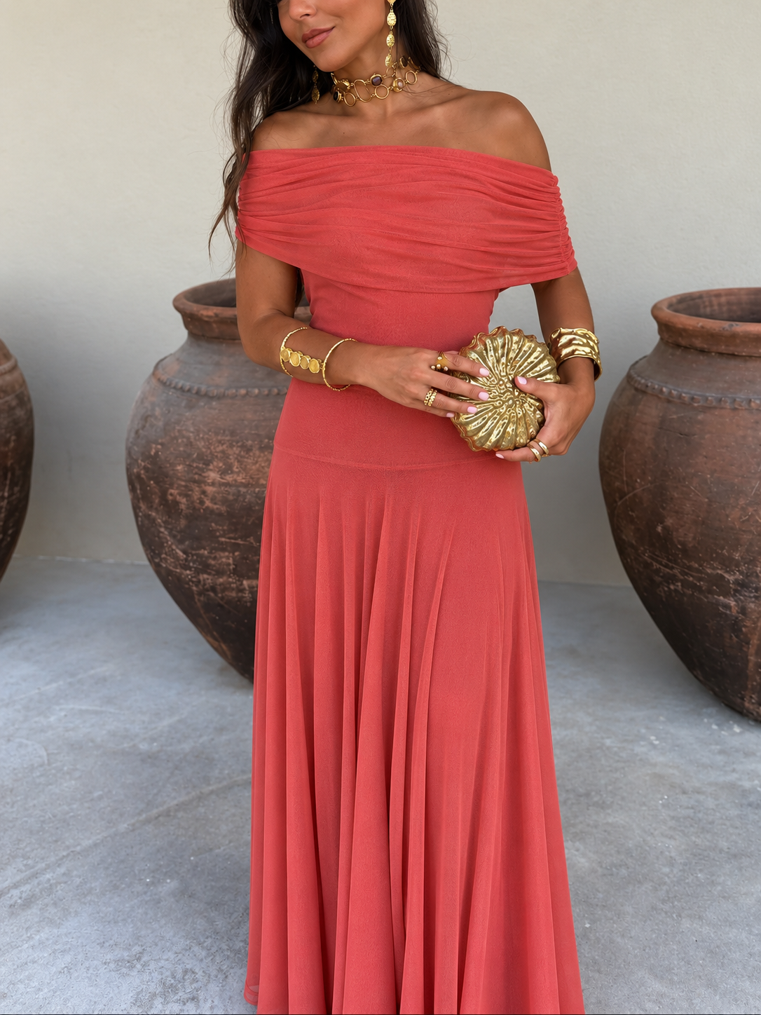 Caterina | Abito lungo elegante da donna, fluido e monospalla