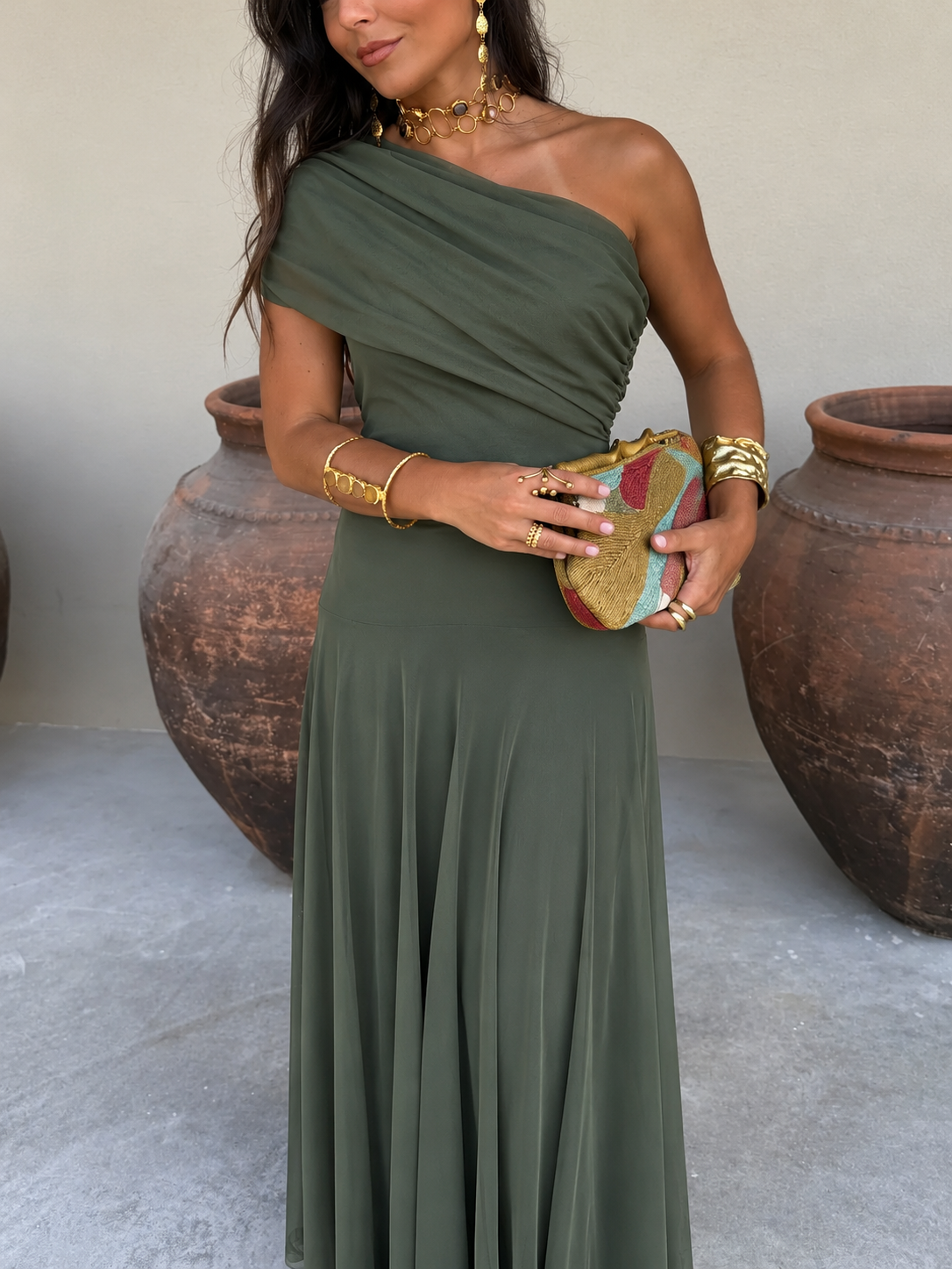 Caterina | Abito lungo elegante da donna, fluido e monospalla