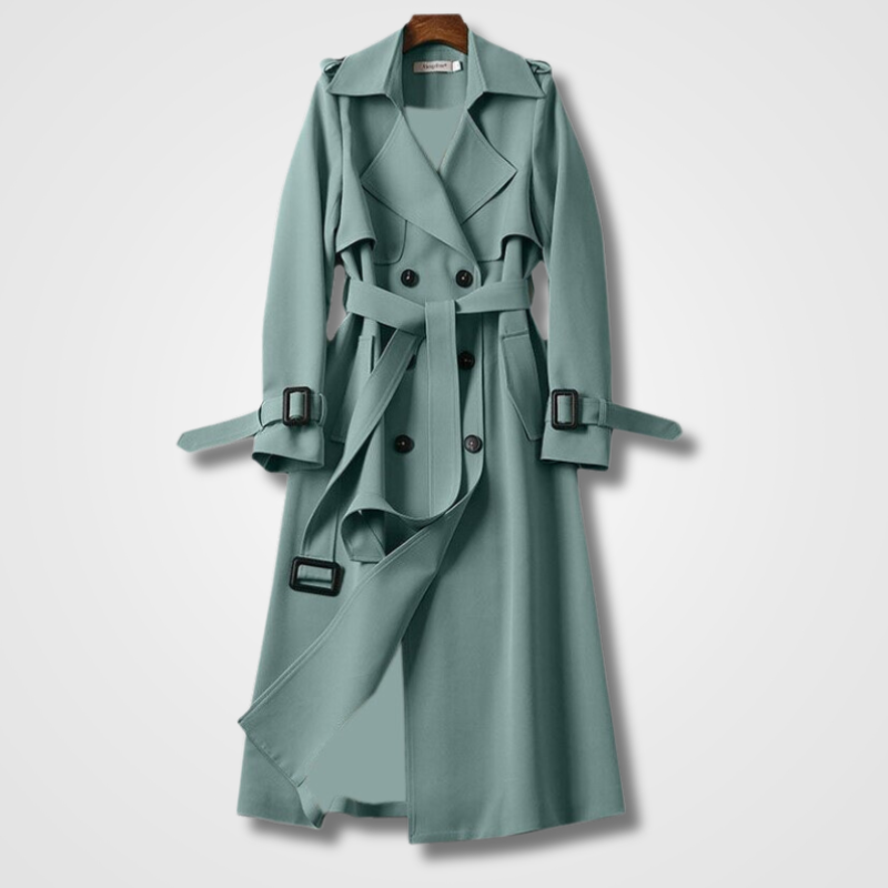 Women’s Vintage-Style Long Trench Coat Double Breasted Belted Wide Collar Jacket