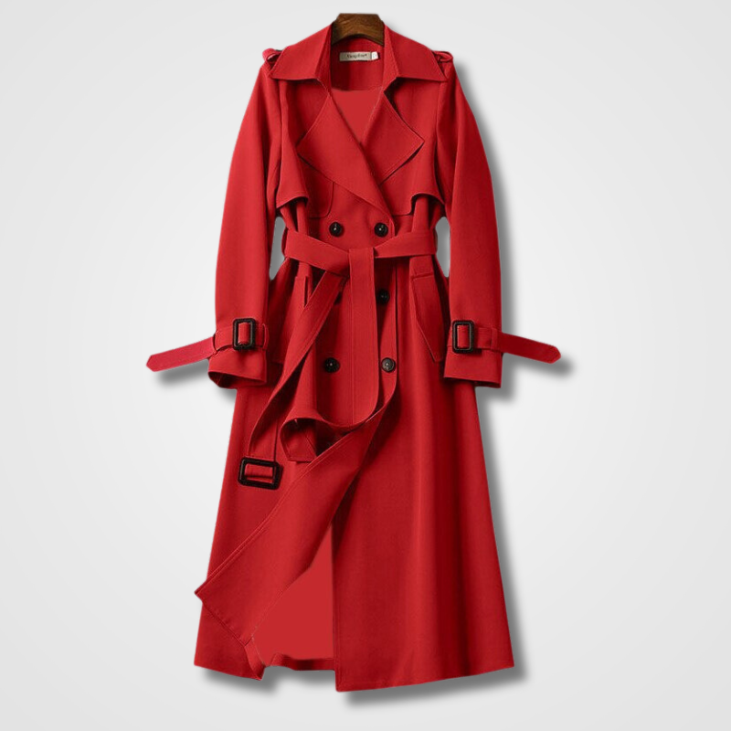 Women’s Vintage-Style Long Trench Coat Double Breasted Belted Wide Collar Jacket