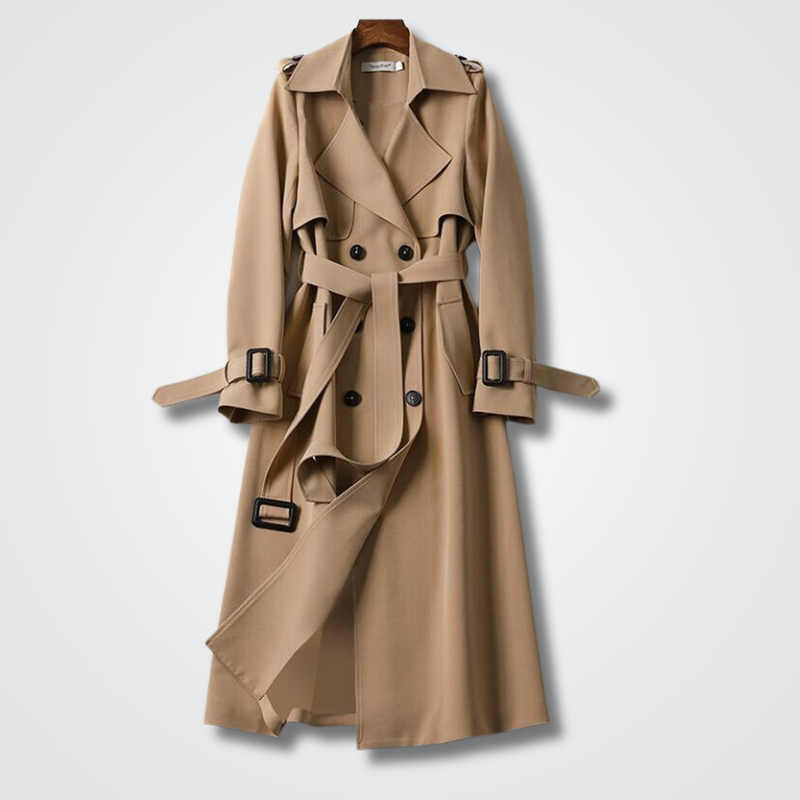 Women’s Vintage-Style Long Trench Coat Double Breasted Belted Wide Collar Jacket