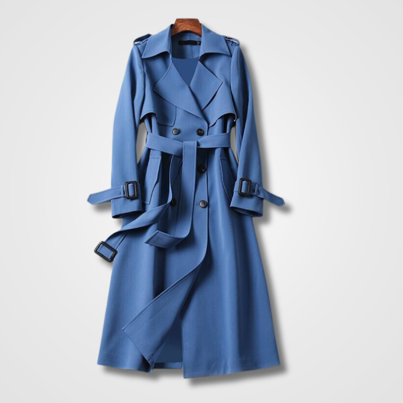 Women’s Vintage-Style Long Trench Coat Double Breasted Belted Wide Collar Jacket