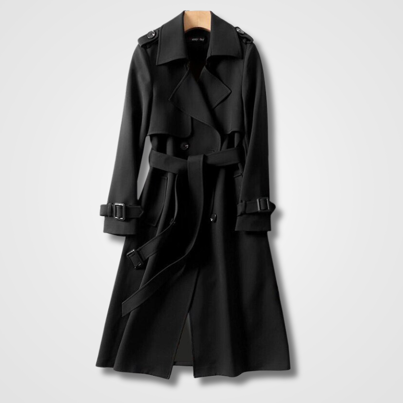 Women’s Vintage-Style Long Trench Coat Double Breasted Belted Wide Collar Jacket
