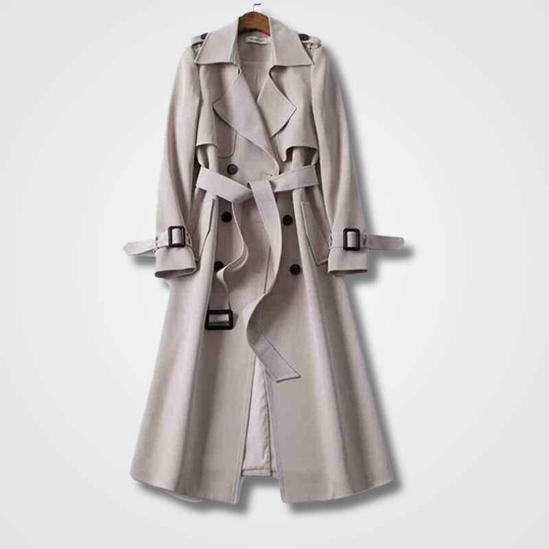Women’s Vintage-Style Long Trench Coat Double Breasted Belted Wide Collar Jacket