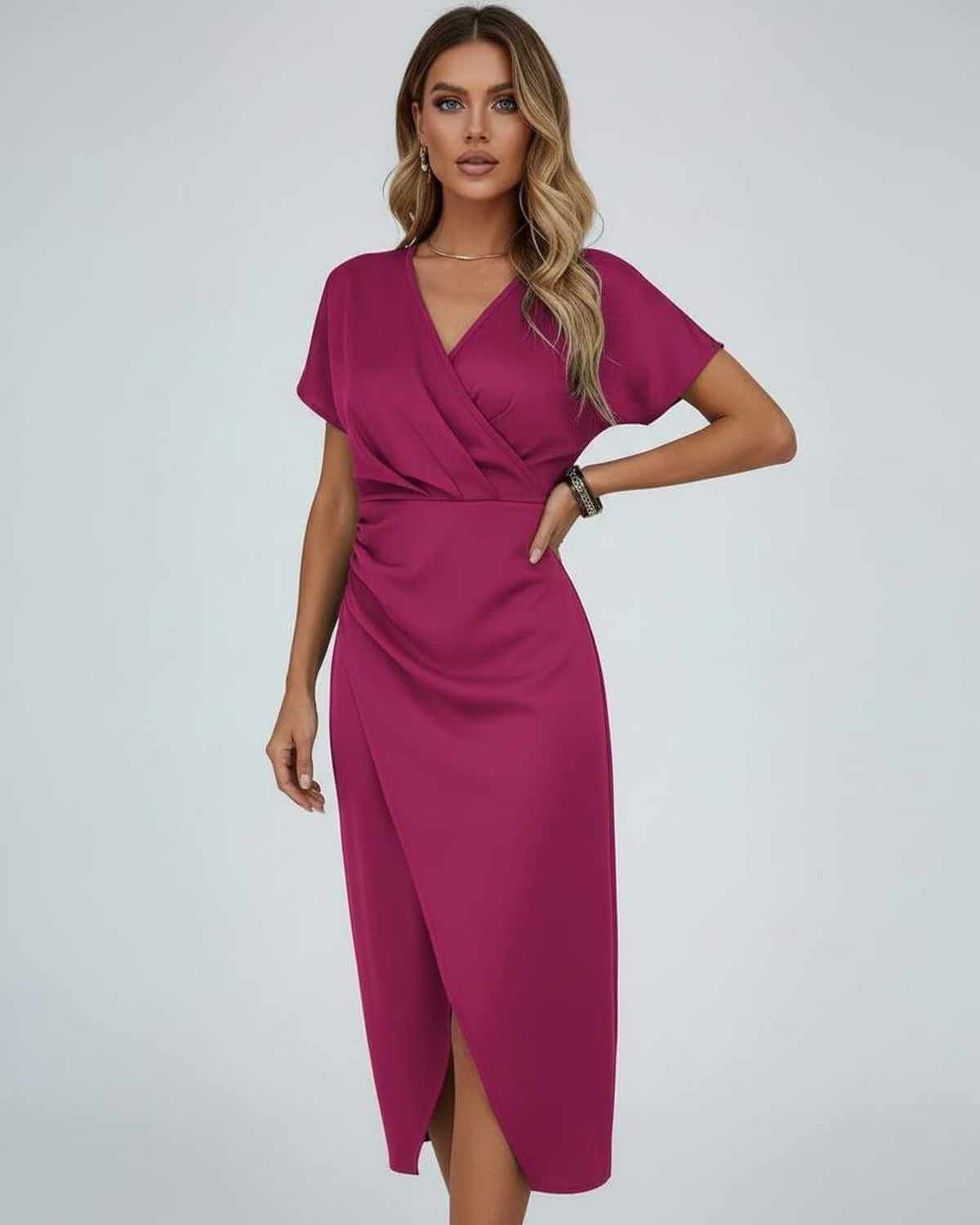 Women's Wrap-Front Draped Midi Dress with Split Hem original product image 1