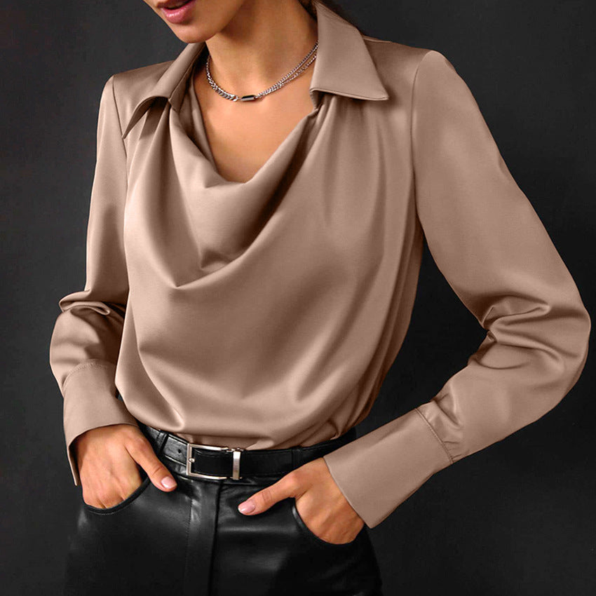 Alba | Women's Long-Sleeve Blouse with Asymmetric Draped Neckline – Beige and Brown