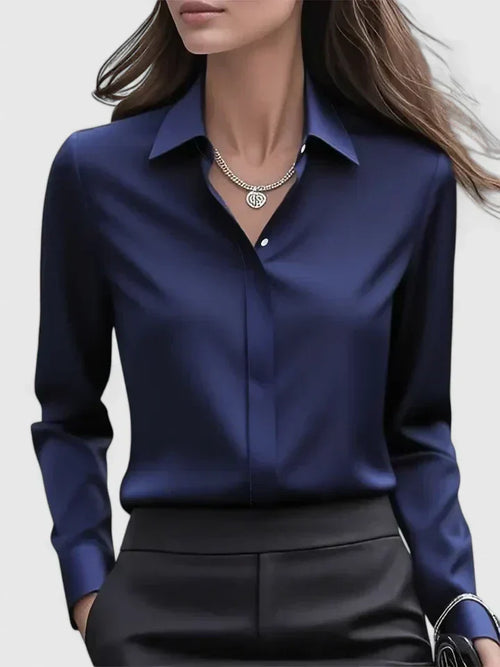 Carolina | Women's Long-Sleeve Shirt with Hidden Buttons and Curved Hem – Navy