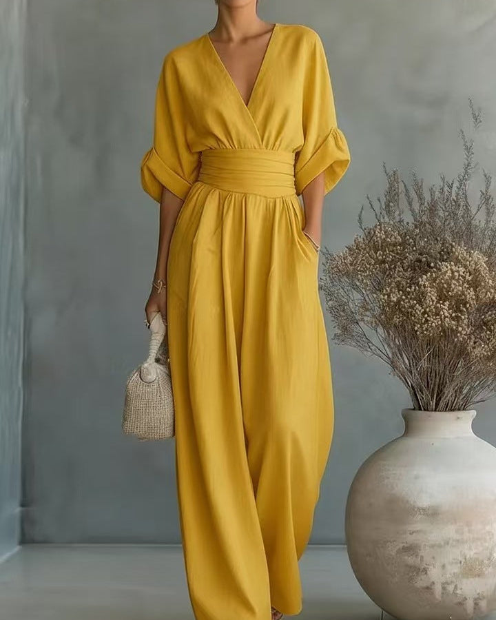 Carina | Women's V-Neck High-Waisted Slim-Fit Jumpsuit – Yellow