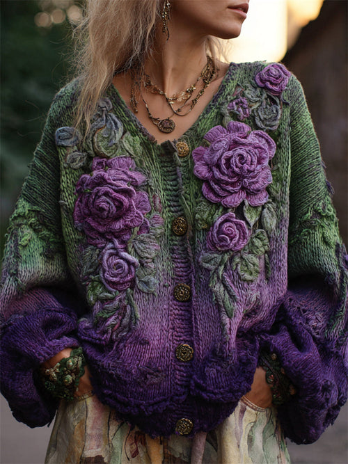 Adelina | Women's Vintage Gradient Rose-Pattern Knit Cardigan, original source view 1