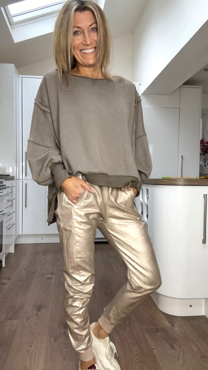 Ottavia | Women's Round-Neck Top and Faux-Leather-Look Jogger Trousers Set - original view 1