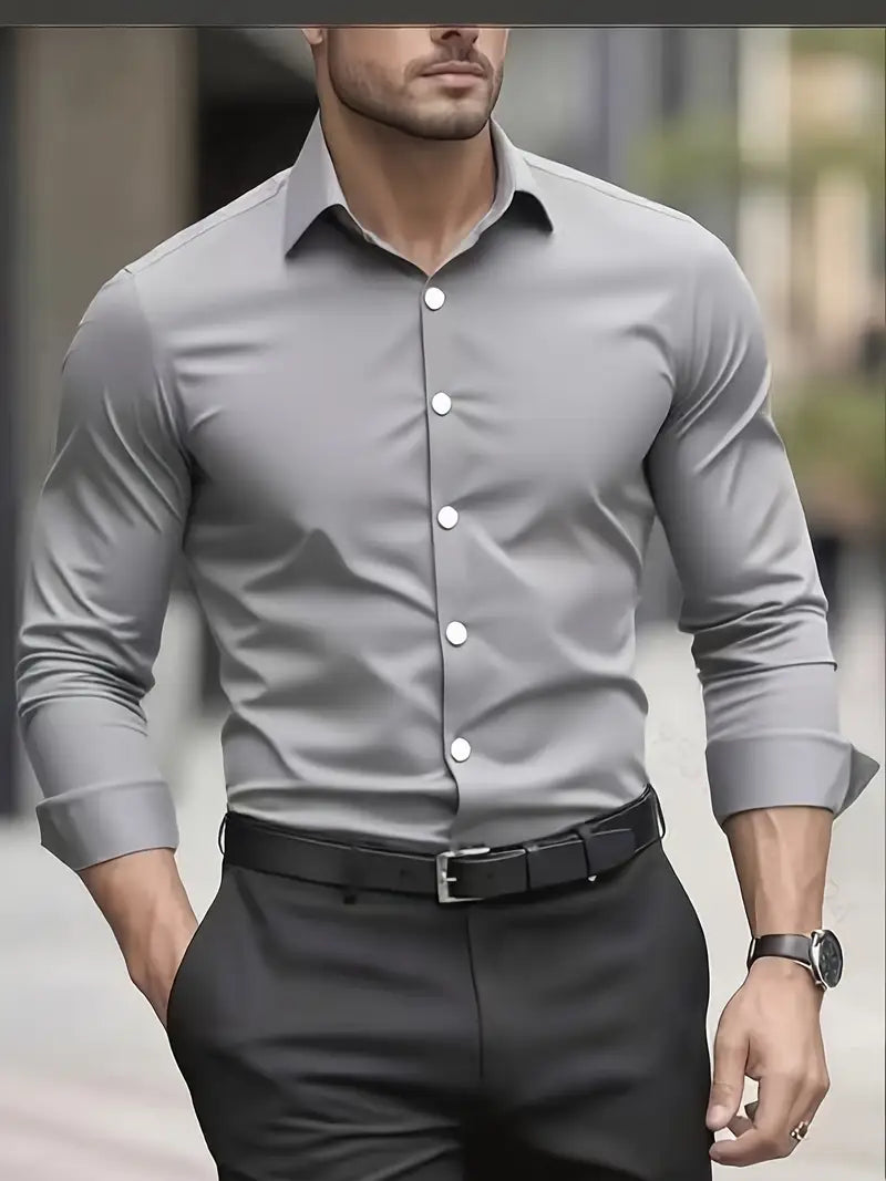 Camicia da uomo a maniche lunghe e vestibilità slim, tessuto traspirante, colletto classico, modello da lavoro