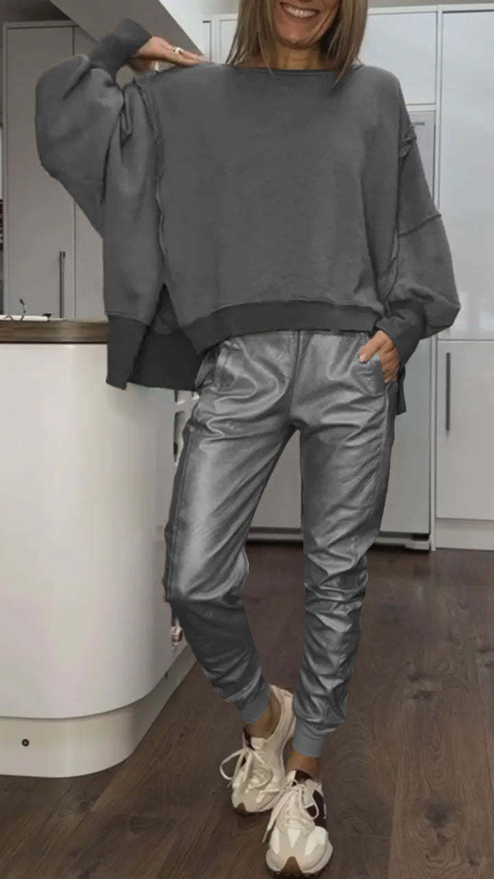 Ottavia | Women's Round-Neck Top and Faux-Leather-Look Jogger Trousers Set - original view 5