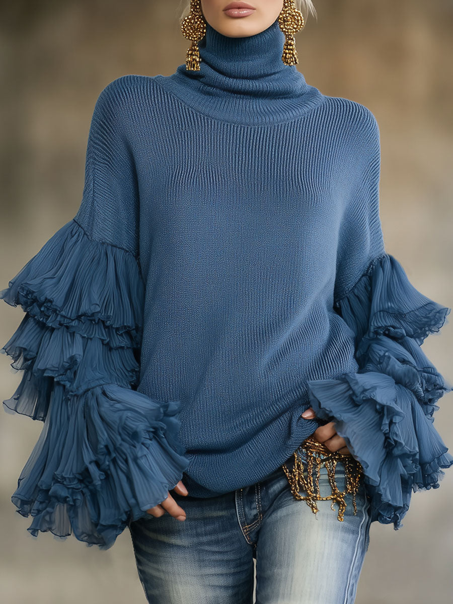 Annalisa | Women's Ruffle-Sleeve High-Neck Knit Pullover Sweater — original photograph 1
