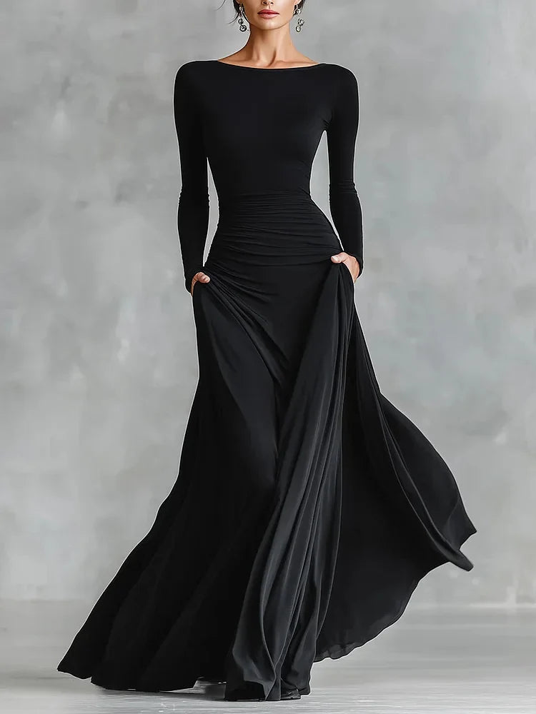 Women's Pleated Boat-Neck Long-Sleeve Maxi Dress - original product view 1