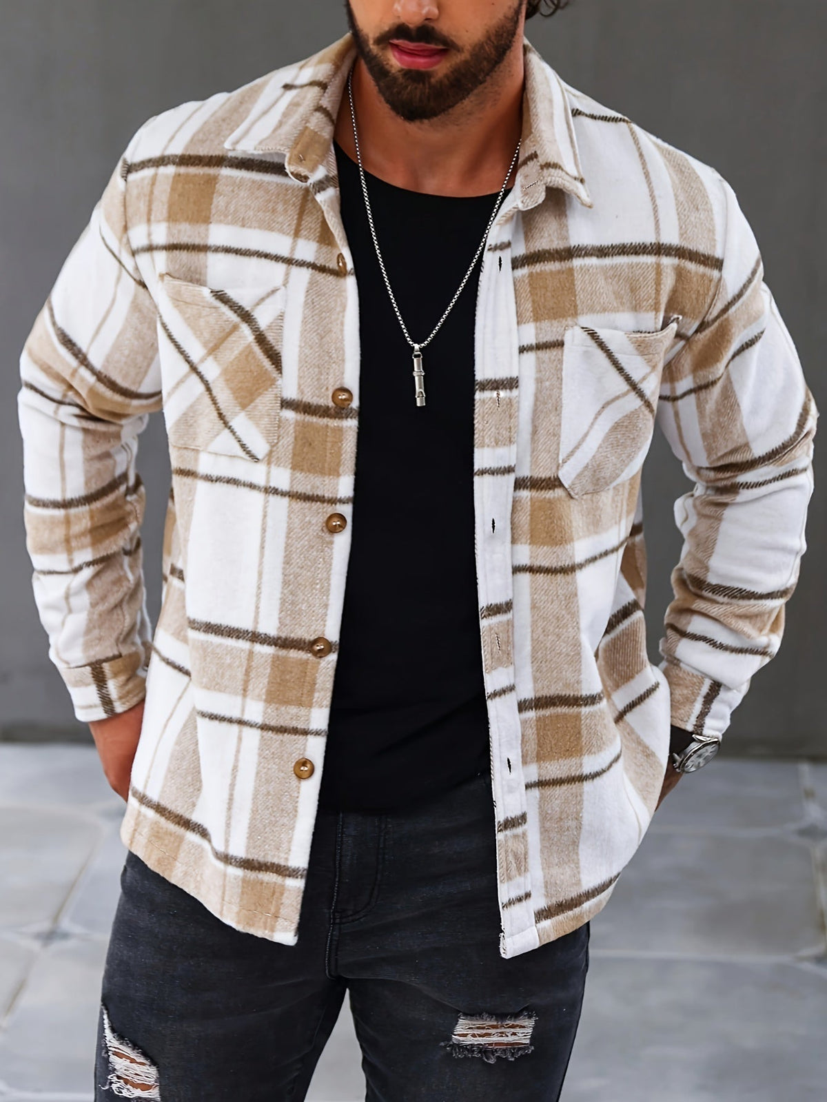 Marco | Polo da uomo in cotone a quadri con colletto a revers e abbottonatura frontale