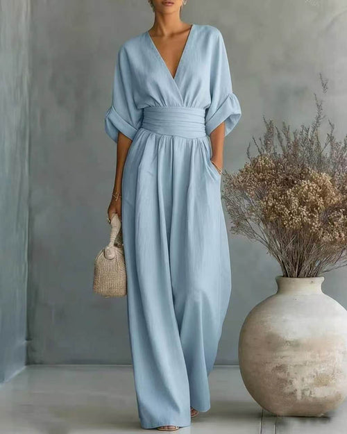 Carina | Women's V-Neck High-Waisted Slim-Fit Jumpsuit – Light Blue