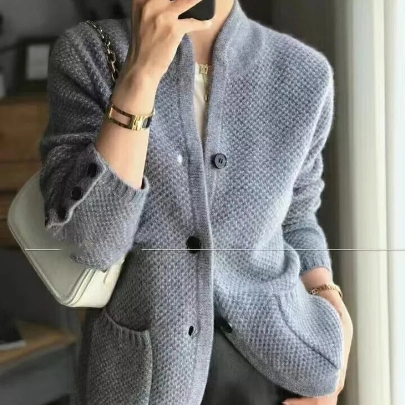 Luciana | Women's High-Neck Knit Cardigan – Grey