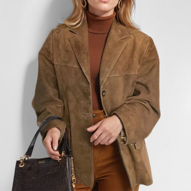 Valeria | Women's Fitted Button-Front Leather-Look Blazer – Brown