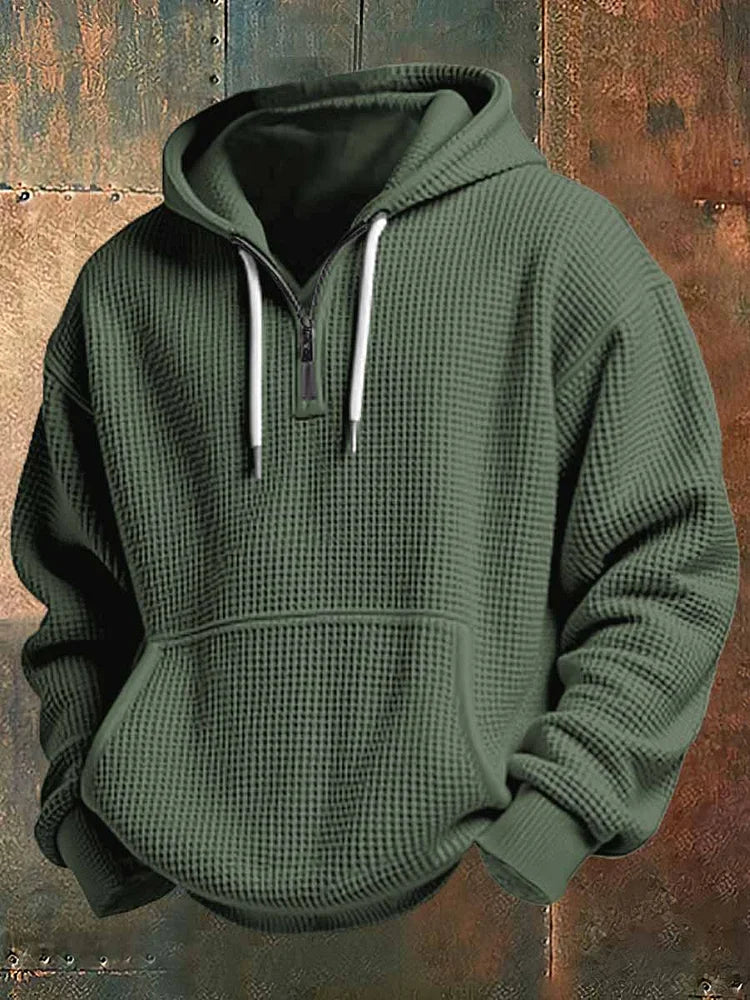 Cristian | Felpa con cappuccio da uomo in maglia waffle, mezza zip, tasca a marsupio e cappuccio con coulisse