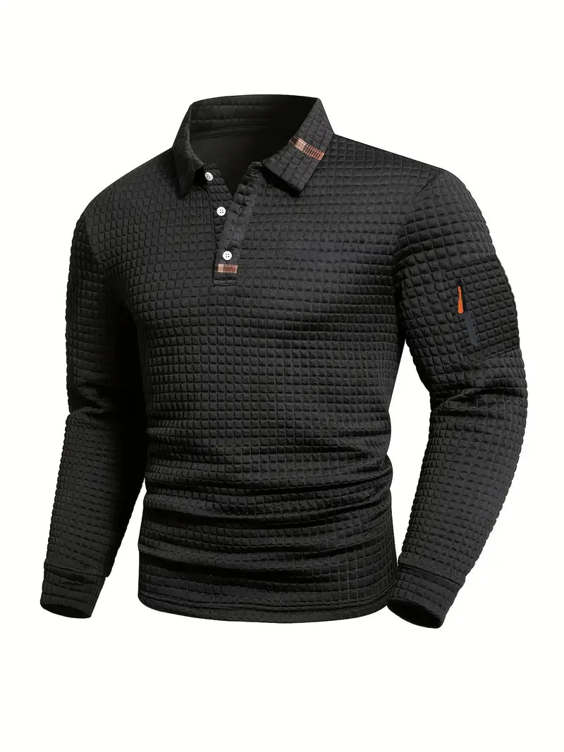 Pietro | Polo da uomo a maniche lunghe, vestibilità slim, tessuto testurizzato, colletto con bordo a contrasto e taschino sulla manica