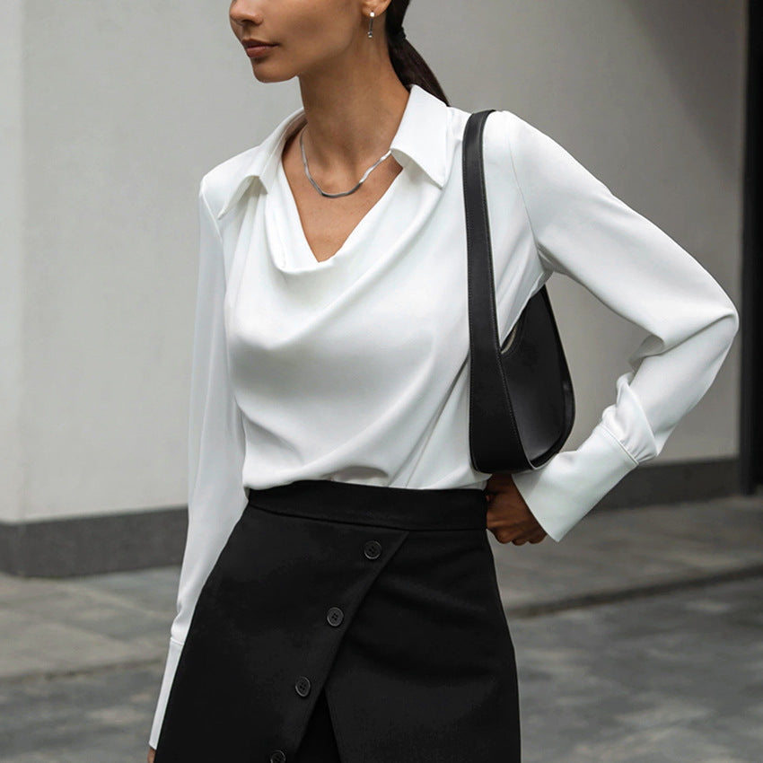 Alba | Women's Long-Sleeve Blouse with Asymmetric Draped Neckline – White