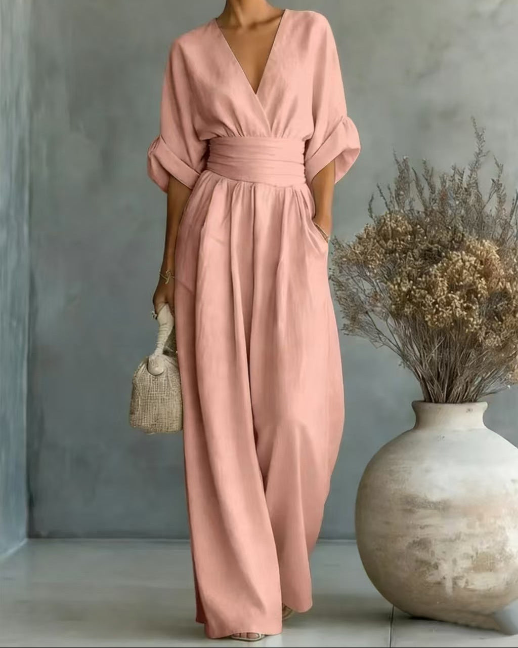 Carina | Women's V-Neck High-Waisted Slim-Fit Jumpsuit – Pink