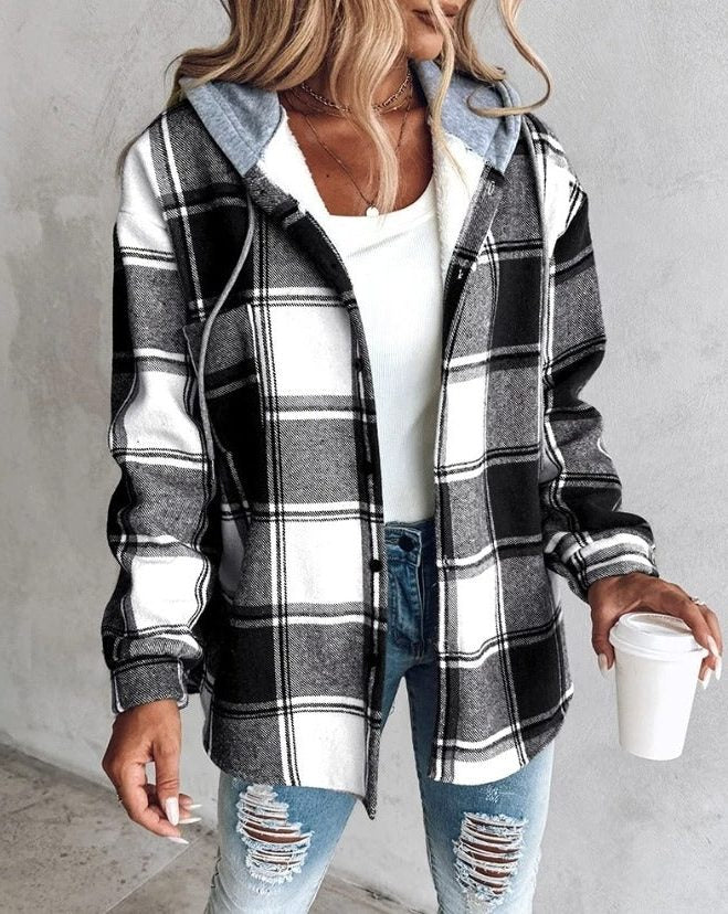 Veronica | Camicia-giacca oversize da donna a quadri con cappuccio