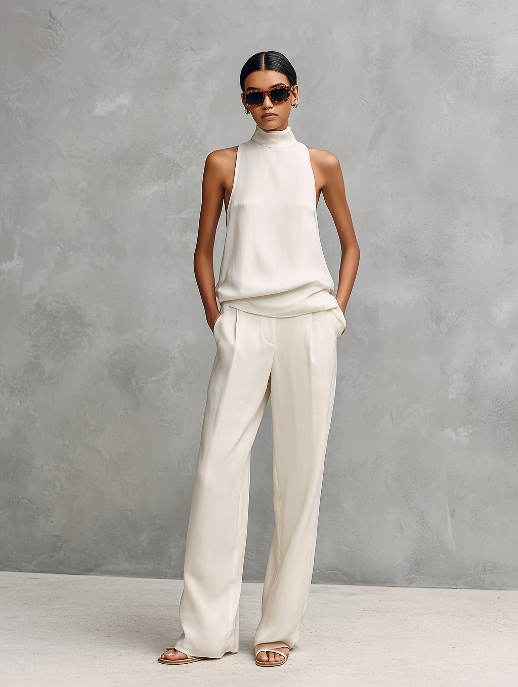 Women's Sleeveless Round-Neck Top and Matching Trousers Set - original photo 3