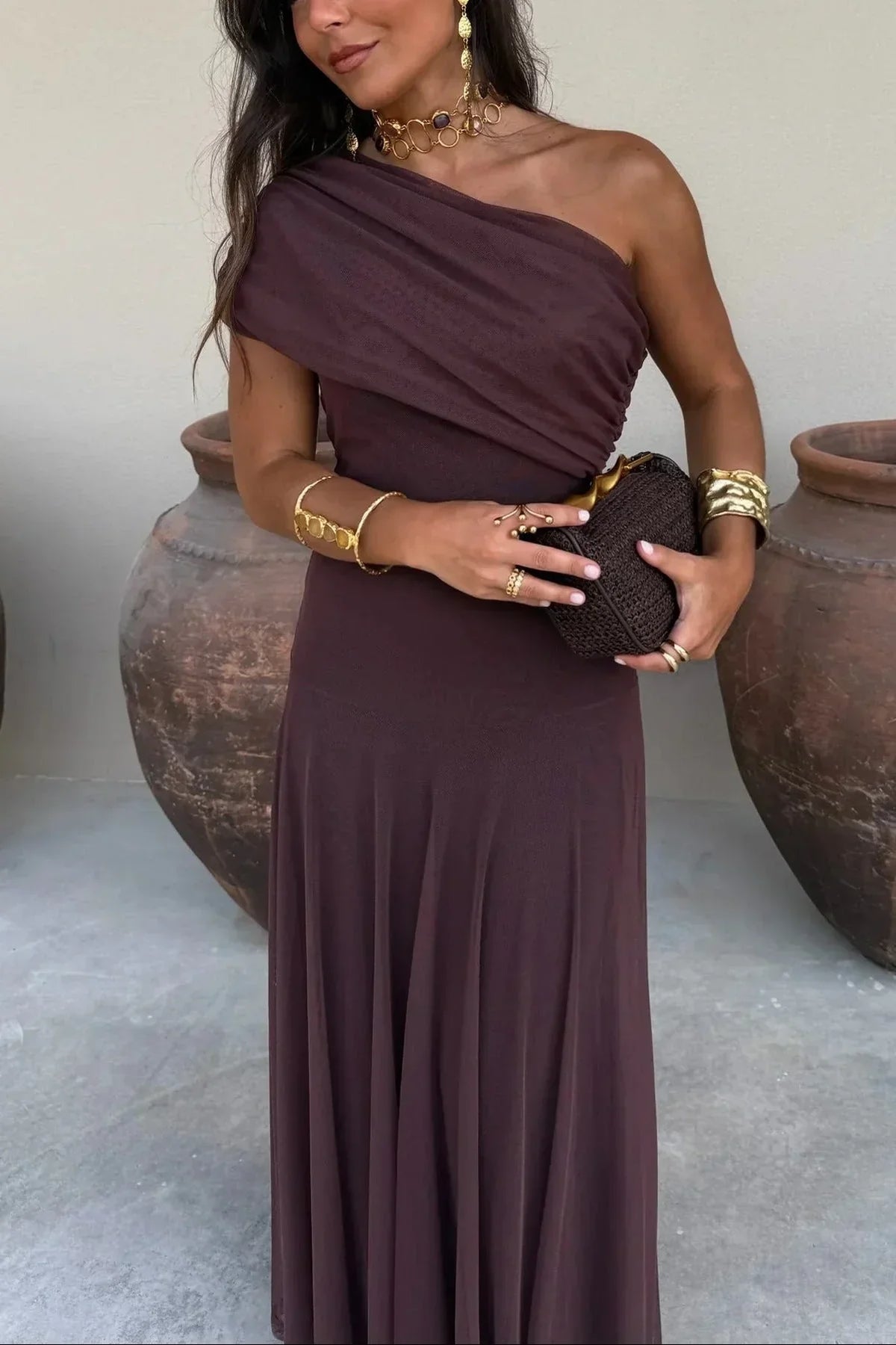 Caterina | Abito lungo elegante da donna, fluido e monospalla